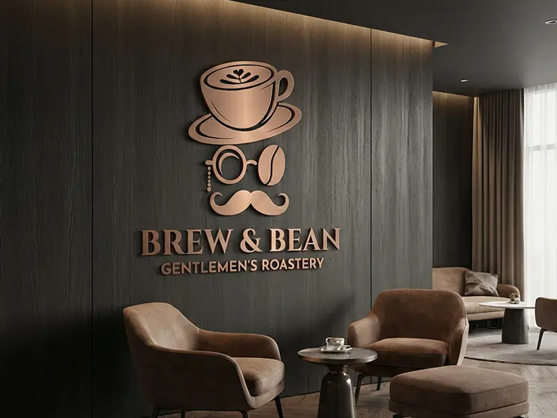 Bronze gradient vector icon of a face made from a coffee cup hat, monocle, coffee bean eye, and mustache