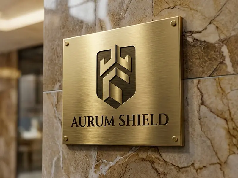 Gold shield containing a 3D gold and white abstract castle or geometric structure