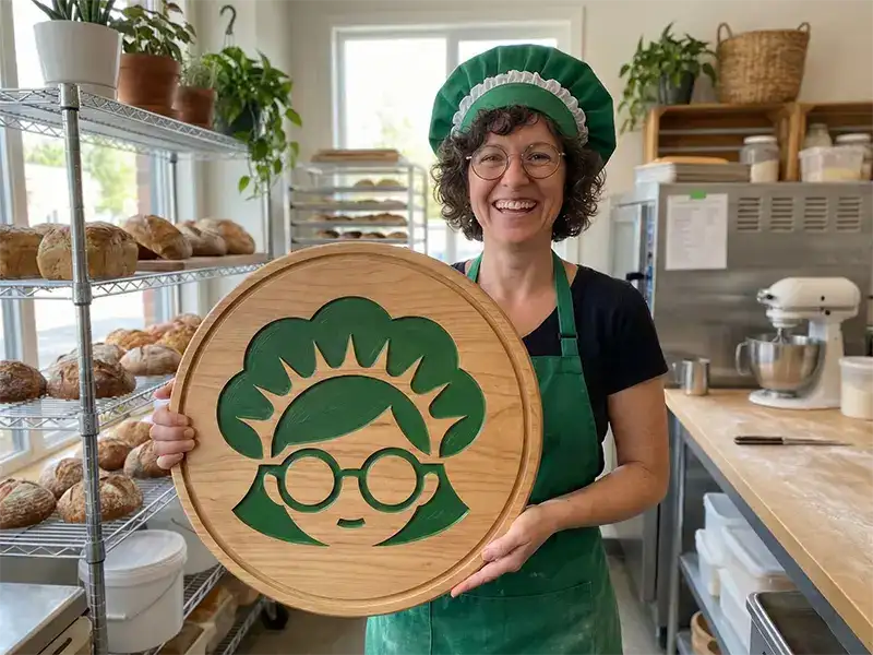 Green vector icon of a female baker character wearing round glasses and a large ruffled bonnet