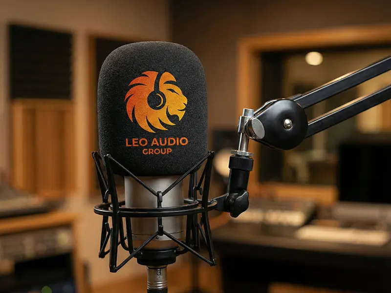 Gradient orange vector icon of a lion's head in profile wearing headphones