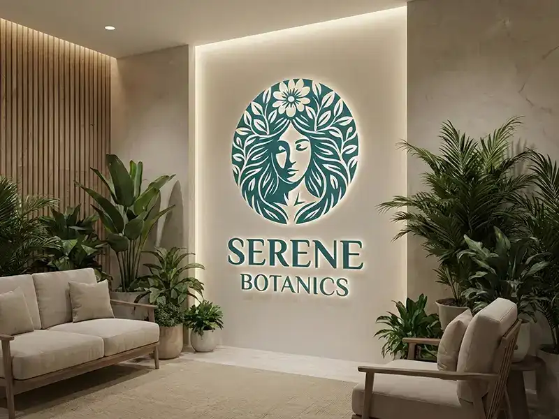 Dark teal vector emblem of a woman's face surrounded by leaves and a flower